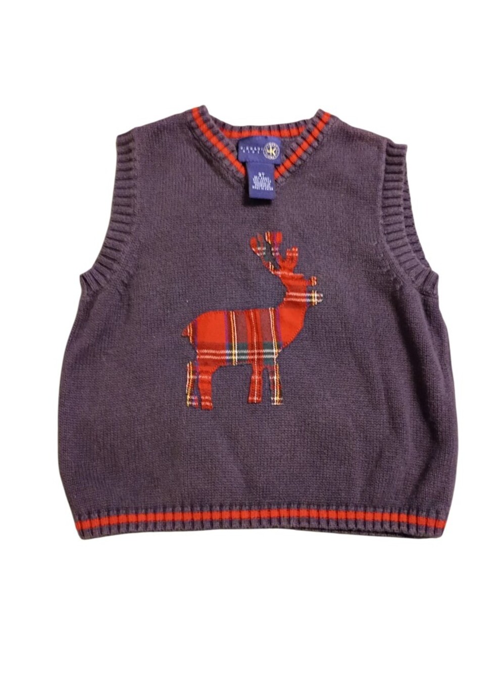 2/$10 Children's Navy Knit Sweater Vest with Red Plaid Deer Applique